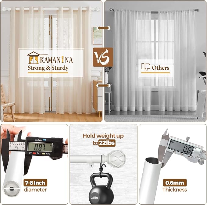 KAMANINA Curtain Rods for Windows 66 to 120 Inch, 7/8 Inch White Heavy Duty - Image 8