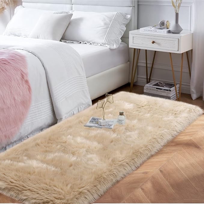 Beige Fluffy Rug for Bedroom, Soft Shag Rug for Sofa Couch Cushion, Cozy Shaggy - Image 2