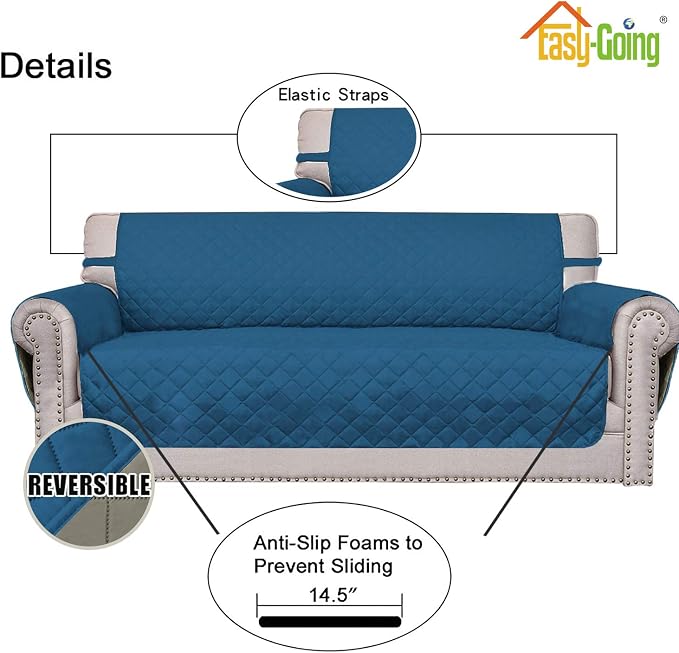 Easy-Going Reversible Couch Cover, 2 Cushion Sofa, Peacockblue/Beige | Loveseat - Image 3