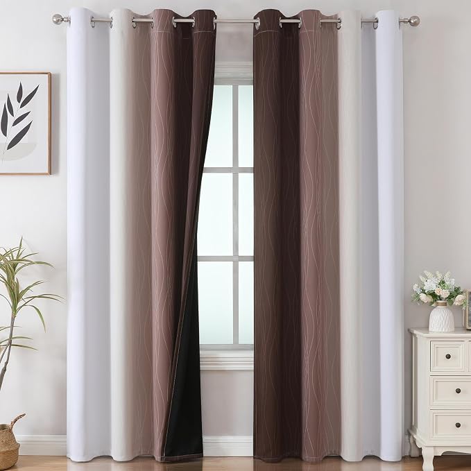 Estelar Textiler Brown and Greyish White Ombre Blackout Curtains 90 Inch Length - Image 2