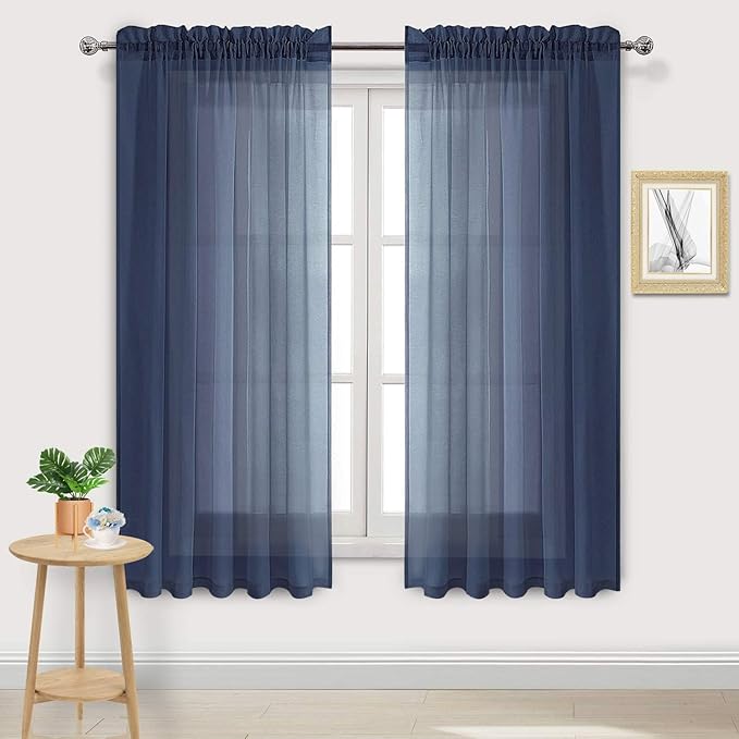 DWCN Navy Blue Sheer Curtains Semi Transparent Voile Rod Pocket Curtains by DWCN