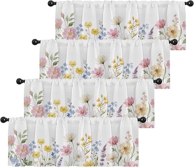 Emvency 4 Pack Valances Window Treatments, Spring Wildflower Flower Blackout by Emvency