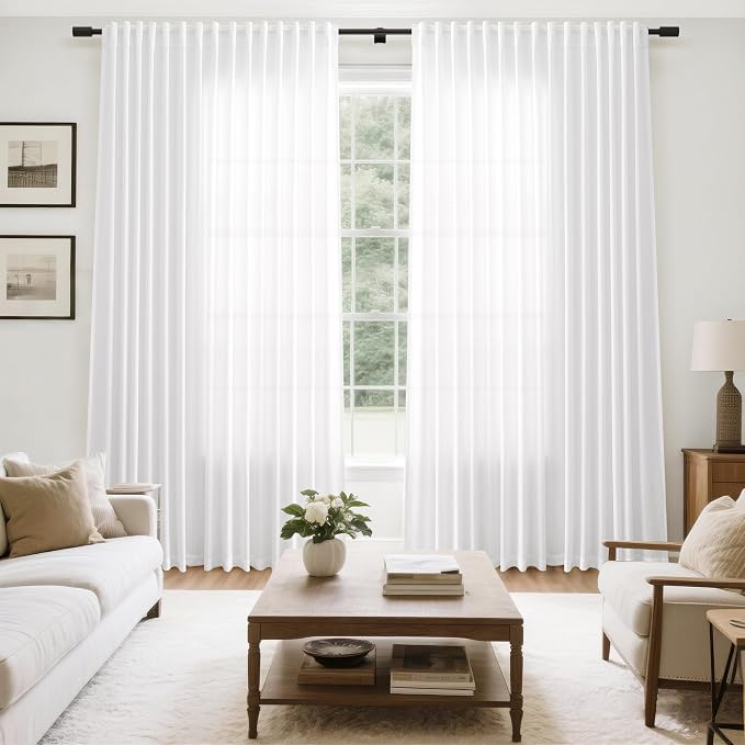 White Large Window Curtains Light Filtering Semi Sheer Privacy Linen Textured - Image 7