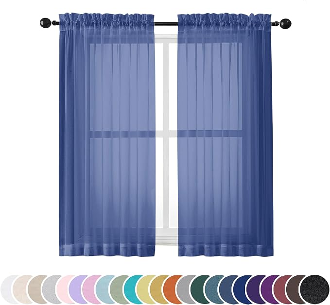 OWENIE Sheer Curtains 54 Inch Length 2 Panels Set, Royal Blue Clear Sheer Short by OWENIE