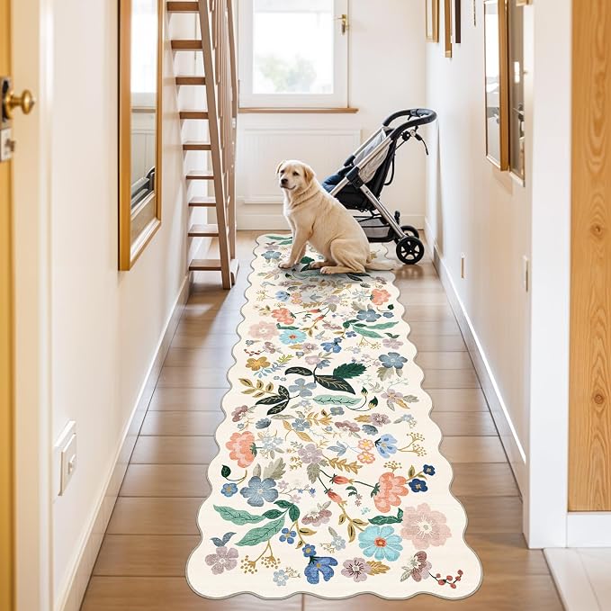 2x10 Washable Hallway Runner Rug: Long Floral Scalloped Soft Runners - Image 2