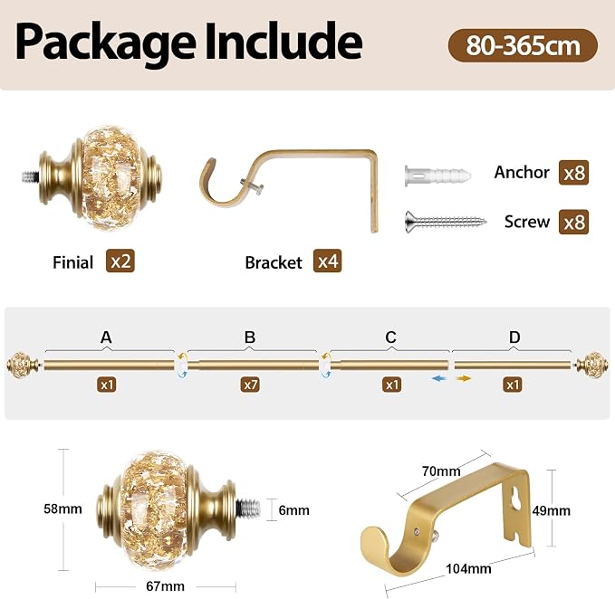 Curtain Rods for Windows 72 to 144 Inch, USFOOK 7/8 inch Luxury Gold Curtain - Image 8