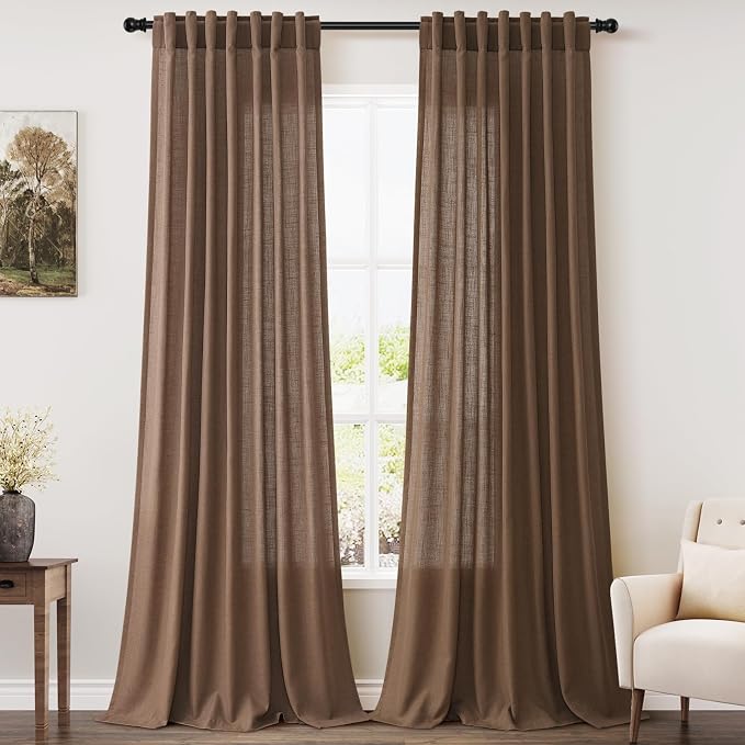 Extra Long Caramel Brown Linen Curtain 108 Inches Long 2 Panels Set Back Tab by Nanspring