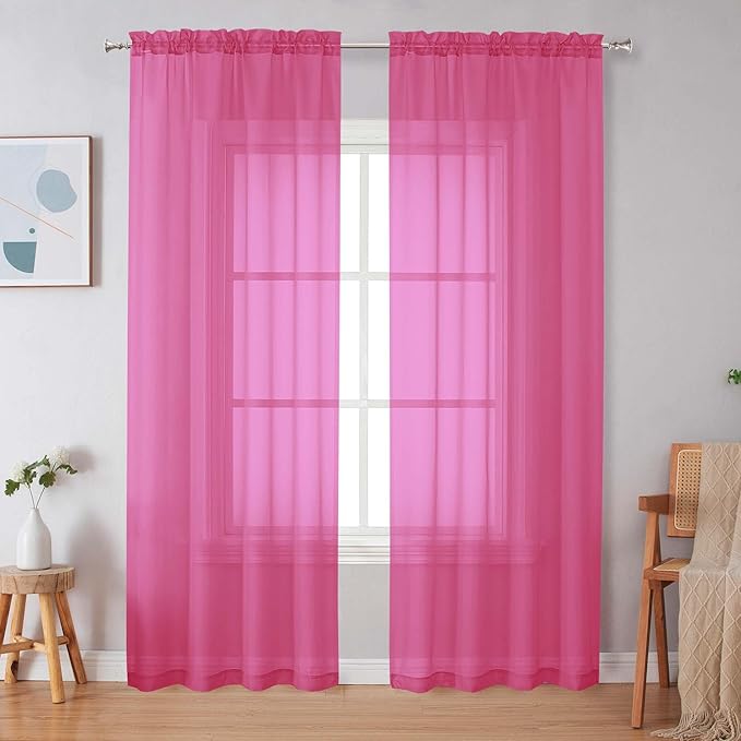 Simplebrand Hot Pink Sheer Curtains 84 Inches Long, Light Filtering Rod Pocket by Simplebrand