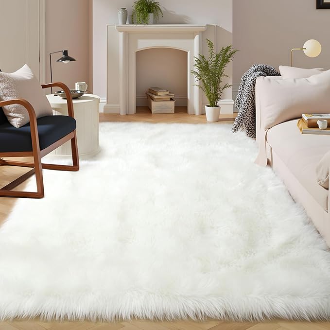 Latepis White Faux Fur Rug 8x10, Faux Fur Sheepskin Rug by Latepis