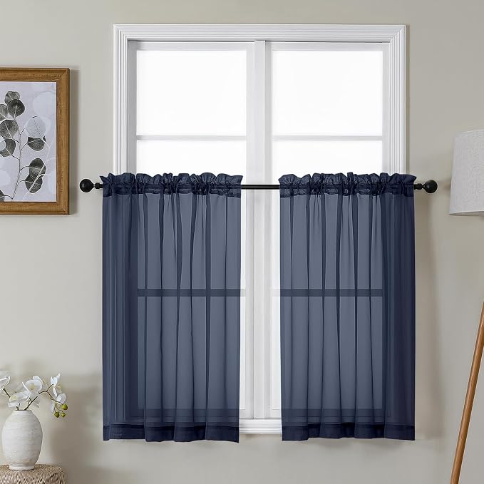 Gwine Navy Blue Sheer Kitchen Curtains 36 Inch Length, Light Filtering Voile by Gwine