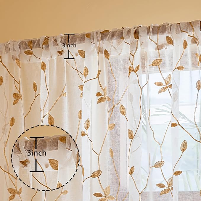 AmHoo 2 Panels Embroidered Leaf Pattern Semi Sheer Curtains Foliage Floral - Image 3