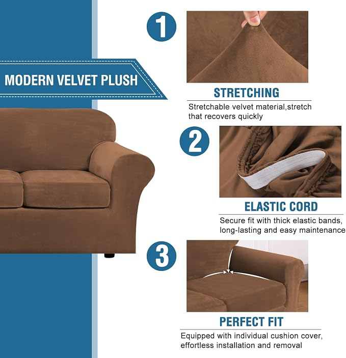 H.VERSAILTEX Real Velvet Plush 3 Piece Stretch Sofa Covers Couch Covers - Image 3