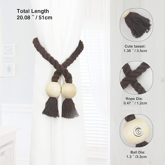 6 Pack Magnetic Curtain Tiebacks Cotton Hand Woven Tie Back Decorative Rope - Image 3