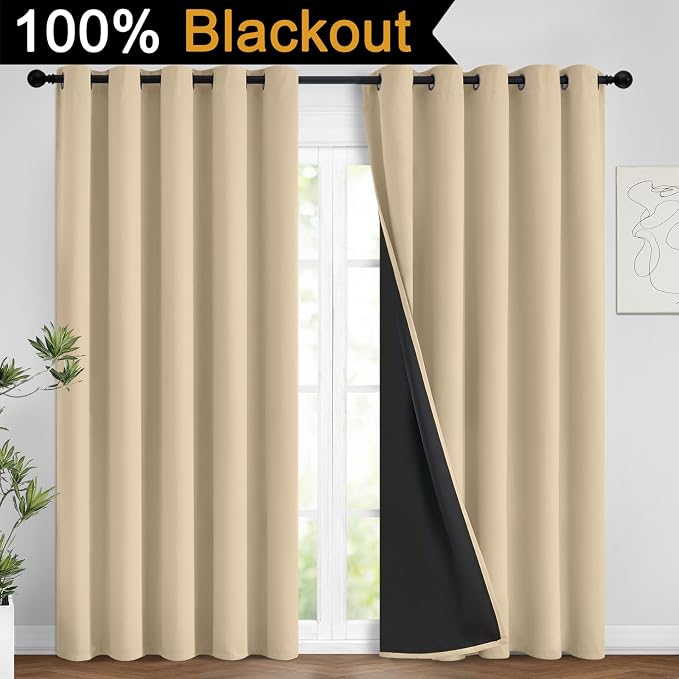 Yakamok Beige 100% Blackout Curtains, Thermal Insulated Total Blackout Drapes - Image 2