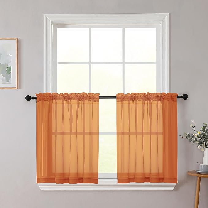 Kitchen Curtains 24 Inch Length Tier 2 Pieces, Cafe Bathroom Basement Rod by WelvetBLK