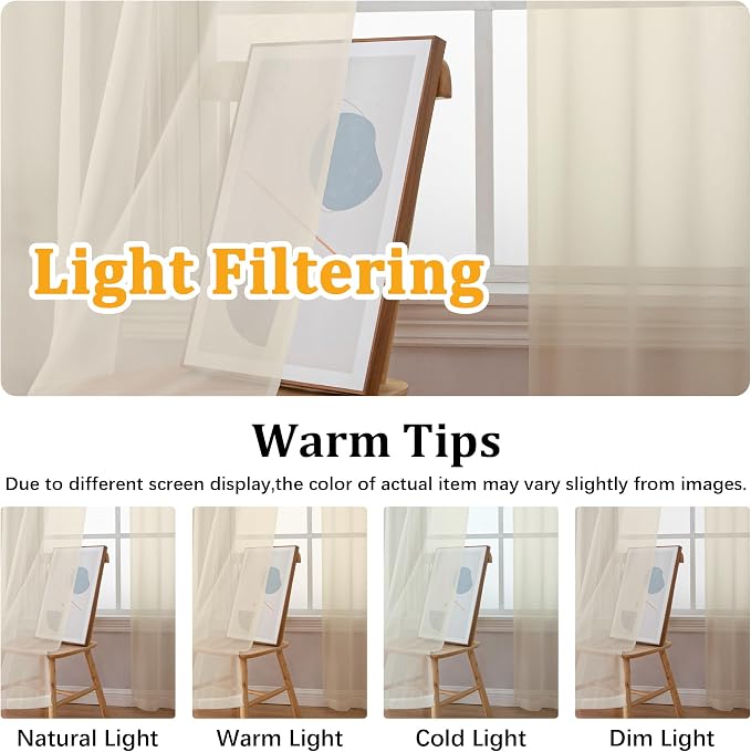 Gwine Cream Sheer Curtains 96 Inches Long 2 Panels, Elegant Window Treatments - Image 5