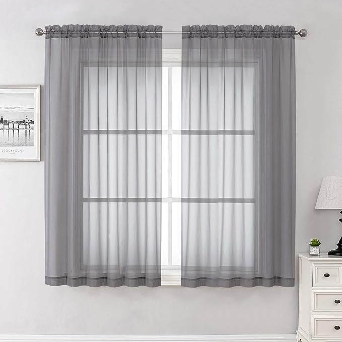 Lecloud Charcoal Grey Sheer Curtains 63 Inch Length 2 Panels, Rod Pocket Light by Lecloud