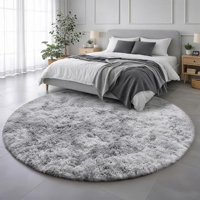 Amdrebio Tie-Dyed Light Grey Round Area Rugs by Amdrebio
