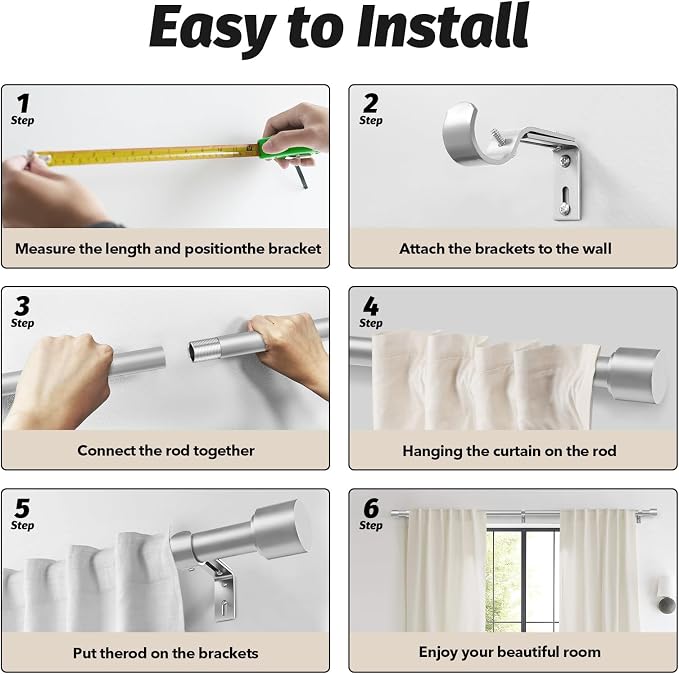 GEEBOBO Silver Curtain Rods for Windows 66 to 120 Inch, 1 Inch Adjustable Heavy - Image 7