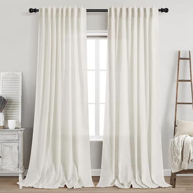 Linen Light Filtering Curtains 96 Inches Long 2 Panels Long Cream Semi Sheer by Nanspring