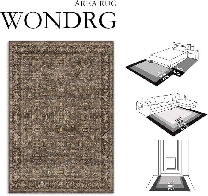 9x12 Washable Area Rug for Living Room Bedroom Vintage Brown Non Slip Carpet - Image 2