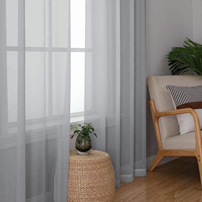 Lecloud Light Grey Sheer Curtains 90 Inches Long 2 Panels, Light Filtering - Image 2