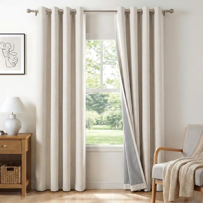 100% Blackout Linen Textured Curtains 84 Inch Long, Light Blocking, Thermal by 100BlackoutShield