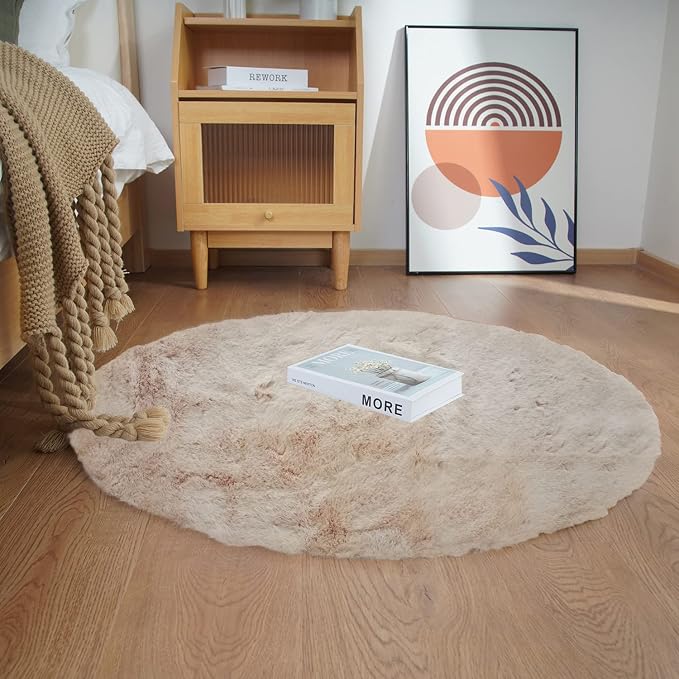 Ghouse Faux Rabbit Fur Round Rug 4ft Light Brown Beige Round Rugs by Ghouse