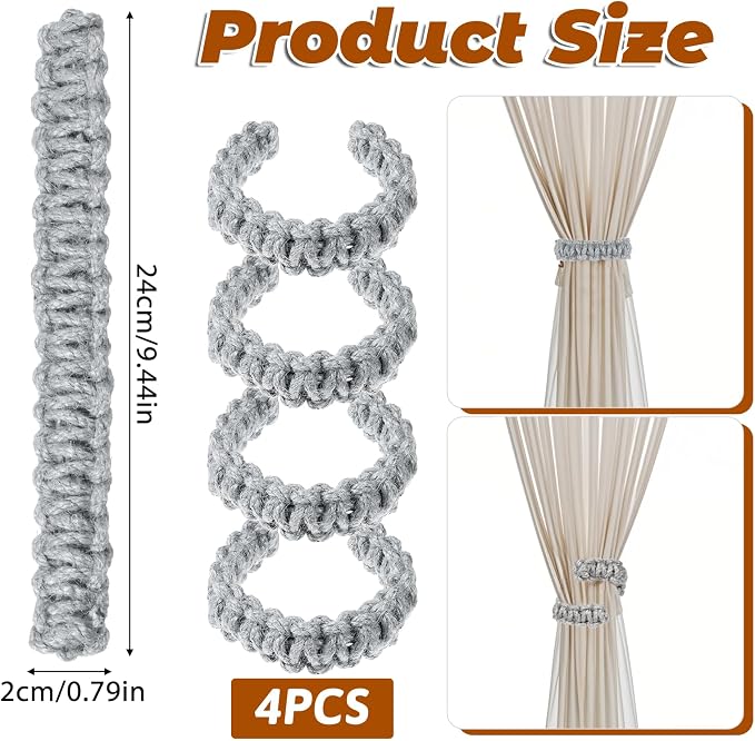 Ptwola 4 Pack Braided Curtain Tiebacks Boho Elegant Rustic Curtain Holdbacks - Image 2