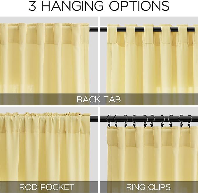 Yellow Linen Textured 96 Inch Curtains 2 Panel Set Back Tab Rod Pocket Sheer - Image 3