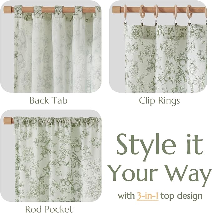 jinchan Linen Floral Curtains for Living Room 63 Inch Long Sage Green Printed - Image 4