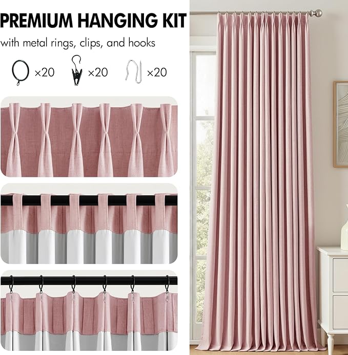 MIULEE Pink Pinch Pleated 100% Blackout Linen Curtains 40x96 Inches | Room - Image 8