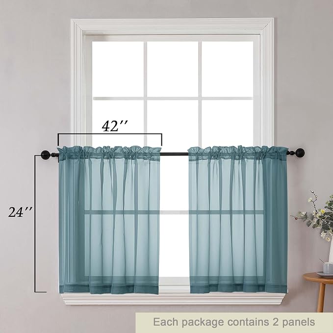 Kitchen Curtains 24 Inch Length Tier 2 Pieces, Dusty Blue Sheer Curtain Solid - Image 2