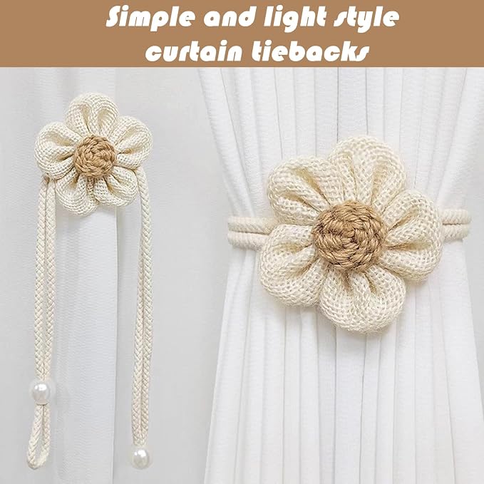 SRG 4pcs Handmade Pearl Curtain Tiebacks Boho Flower Curtain Holdbacks - Image 2
