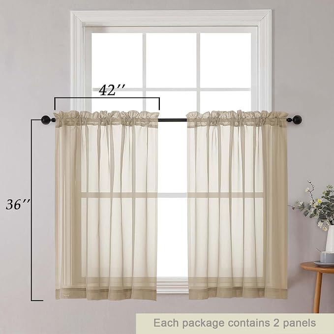 Cafe Curtains 36 Inch Length Tier 2 Pieces, Modern Soft Airy Sheer Kitchen - Image 2