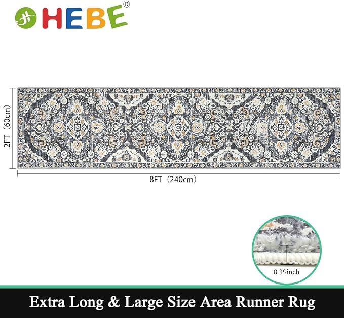 HEBE Hallway Runner Rug 2'x8' Washable Vintage Distressed Area Rugs Non Slip - Image 2