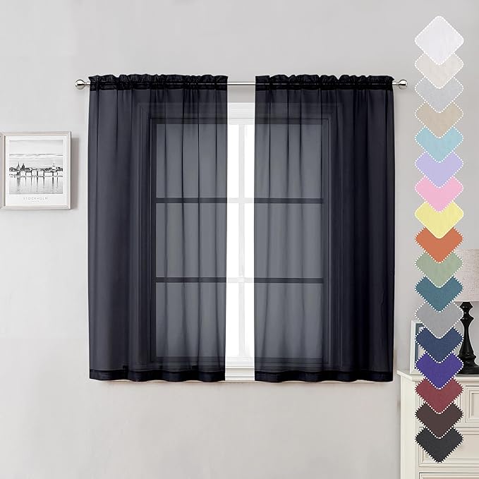 Lecloud Black Sheer Curtains 54 Inch Length 2 Panels Set, Lightweight Short by Lecloud