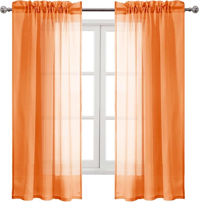 DWCN Sheer Orange Curtains 63 inch Length 2 Panels Set, Rod Pocket Solid Color - Image 9