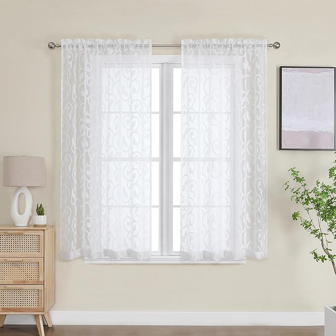 OWENIE Furman White Sheer Curtains 45 Inch Length 2 Panels Set by OWENIE