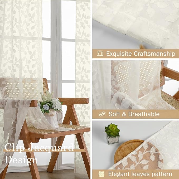 Chyhomenyc Ivory Sheer Curtains 30 Inch Length, Light Filtering Leaf Tufted - Image 7