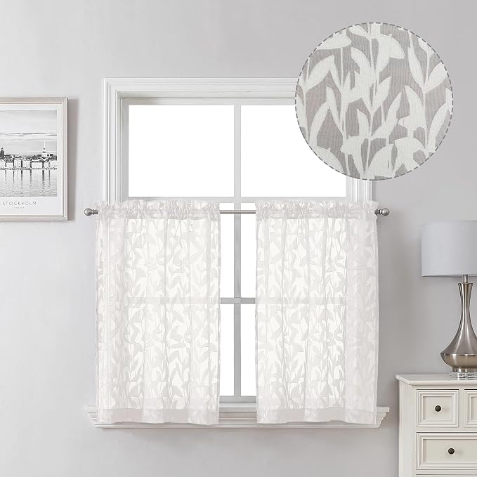 Lecloud Leia Ivory 2 PCS Sheer Kitchen Curtains 30 Inch Length, Breathable Clip by Lecloud