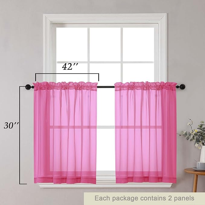 Hot Pink Kitchen Curtains 30 Inch Length Tier 2 PCS, Solid Soft Airy Half - Image 2