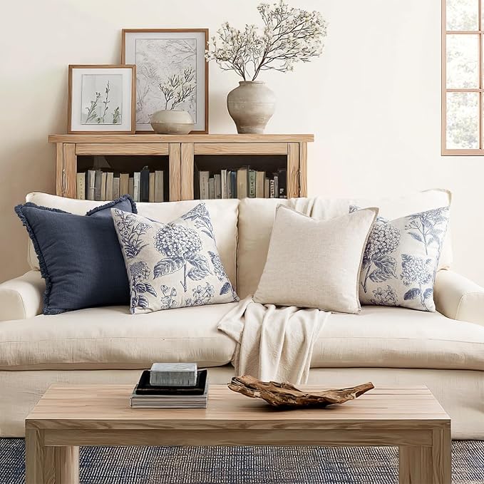 Set of 2 Decorative Floral Pillow Covers 18x18 Inch Navy Blue | Neutral - Image 4
