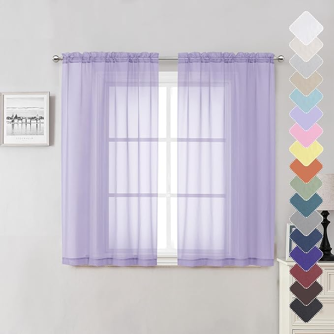 Lecloud Lavender Sheer Kitchen Curtains 54 Inch Length 2 Panels, Double Rod by Lecloud