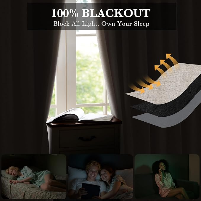 RYB HOME Natural Beige 100% Blackout Curtains 63 inch Long, Light Blacking & - Image 3