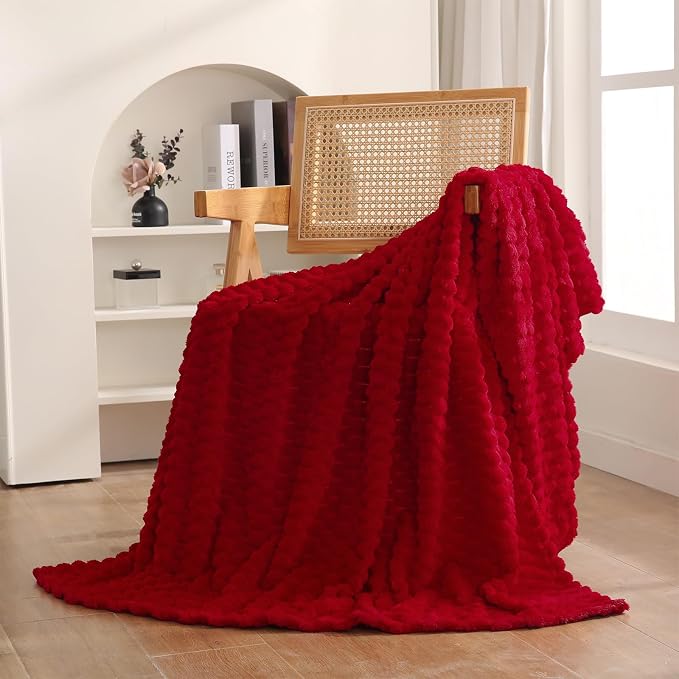 Puncuntex Red Throw Blanket 60"×80" inches Fuzzy 3D Jacquard Decorative Flannel - Image 2