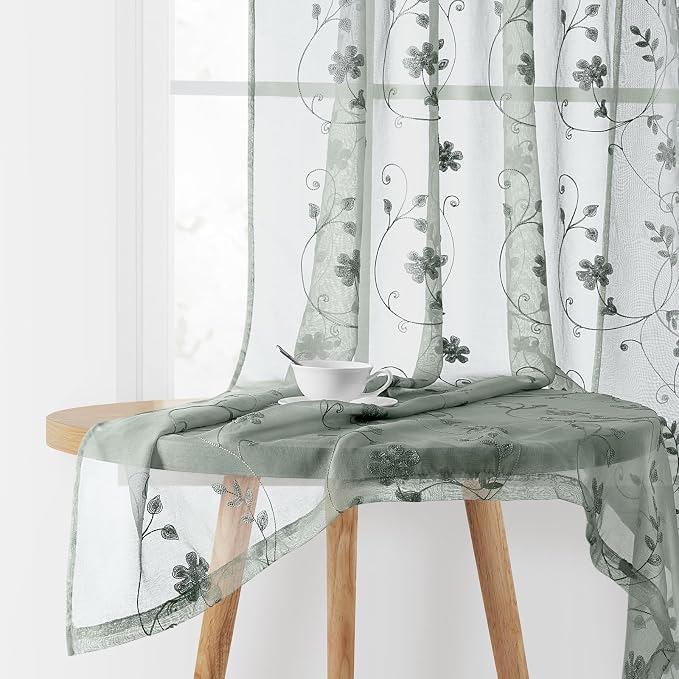 HOMEIDEAS Sage Green Sheer Curtains 63 Inches Length 2 Panels Embroidered by HOMEIDEAS