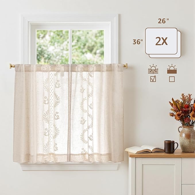 jinchan Belrose Linen Floral Kitchen Curtains 36 inch Length Embroidered - Image 5