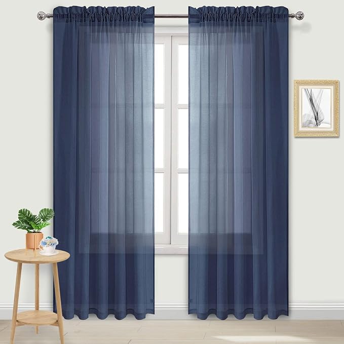 DWCN Navy Blue Sheer Curtains Semi Transparent Voile Rod Pocket Curtains by DWCN