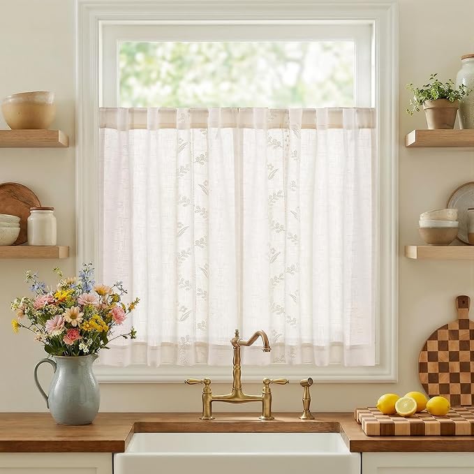 jinchan Belrose Linen Floral Kitchen Curtains 36 inch Length Embroidered by JINCHAN